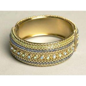 Embellished Ethnic Hinged Golden Bangle Bracelet Vintage Costume Jewelry